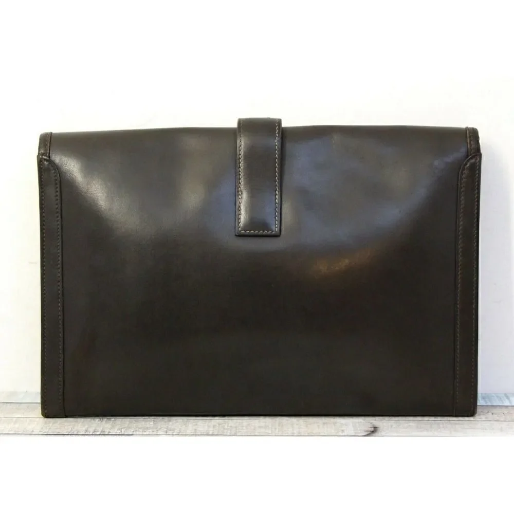 AUTHENTIC HERMÈS JIGE FRANCE BROWN GENUINE LEATHER H LOGO FRONT CLUTCH HANDBAG